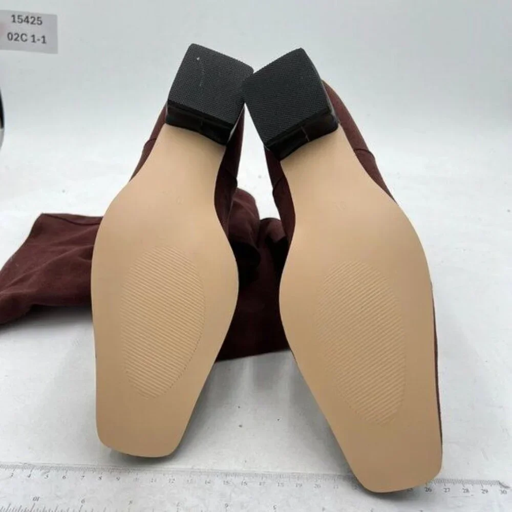 FSJ Brown Knee High Boots Stacked Chunky Heel Closed Toe Suede Wide Calf Shoes